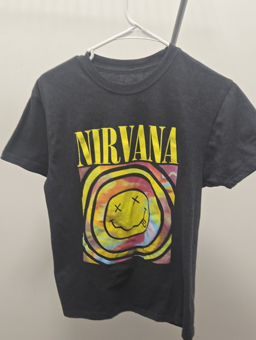 NIRVANA Charcoal Grey Tee with Yellow Logo and Multicolor Tie-Dye Smiley